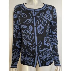 Krimson Klover Cardigan Womens XL Blue Black Floral Wool Cardigan Sweater LS